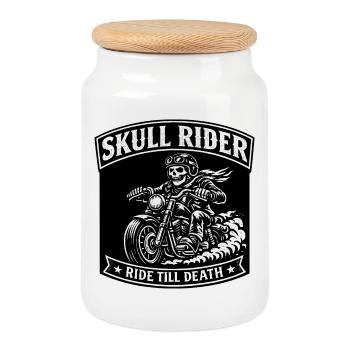 Skull Rider Biker Shirt – Vintage Motorcycle Design - Cookie Jar with Wooden Lid - white - Front