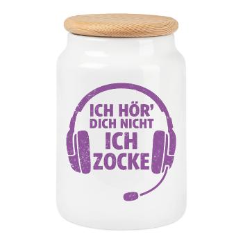 ch hör dich nicht ich zocke – Gamer Spruch - Keksdose mit Holzdeckel - Weiß - Vorne