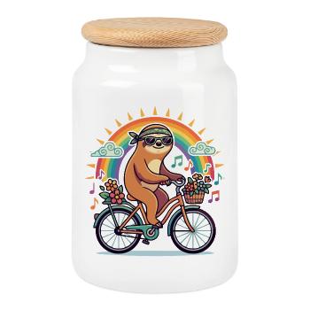Flower Power Sloth on Bicycle Rainbow Sun - Cookie Jar with Wooden Lid - white - Front