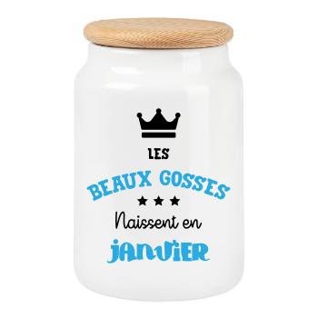 Cadeau naissance bébé garçon Janvier Beaux Gosses - Boîte à biscuits avec couvercle en bois - blanc - Devant