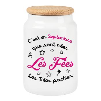 Cadeau naissance bébé fille Septembre Fées Humour - Boîte à biscuits avec couvercle en bois - blanc - Devant