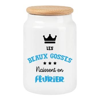 Cadeau naissance bébé garçon Février Beaux Gosses - Boîte à biscuits avec couvercle en bois - blanc - Devant