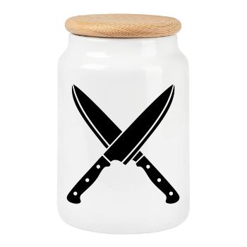 Silhouette des couteaux de chef croisés - Boîte à biscuits avec couvercle en bois - blanc - Devant