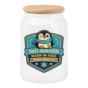 Kalt Draußen Warm Im Herz Pinguin - Keksdose mit Holzdeckel - Weiß - Vorne