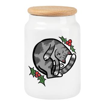 Cozy Sleepy Cat with Holly - Cookie Jar with Wooden Lid - white - Front