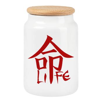 Rote japanische Kanji für das Wort Leben - Keksdose mit Holzdeckel - Weiß - Vorne