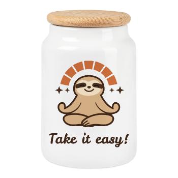 Take it easy – Relaxed Faultier Design - Keksdose mit Holzdeckel - Weiß - Vorne