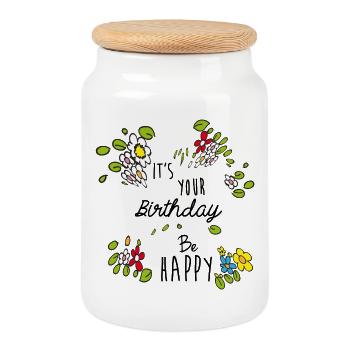 Anniversaire - Boîte à biscuits avec couvercle en bois - blanc - Devant