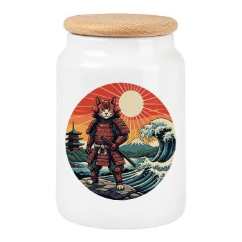 Cat Samurai at Sunset Waves - Cookie Jar with Wooden Lid - white - Front