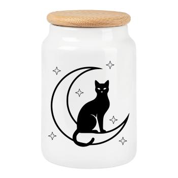 Cat Moon Stars Silhouette - Cookie Jar with Wooden Lid - white - Front