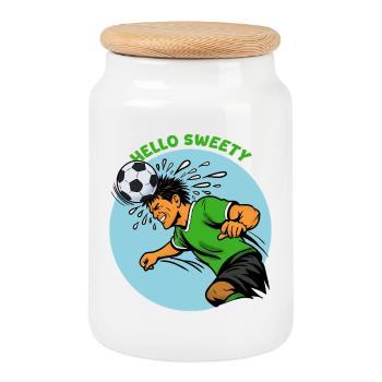 Header Cartoon Soccer Hero - Cookie Jar with Wooden Lid - white - Front
