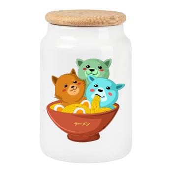 Kawaii Three Cats Ramen Shirt - Cookie Jar with Wooden Lid - white - Front