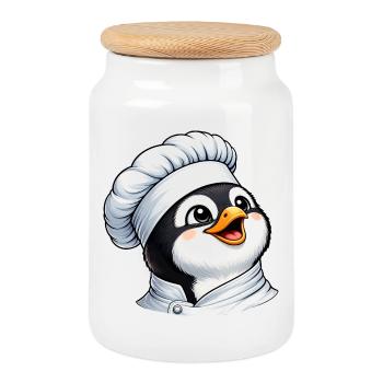 Cheerful Penguin Chef Cartoon Kitchen Fun Food - Cookie Jar with Wooden Lid - white - Front