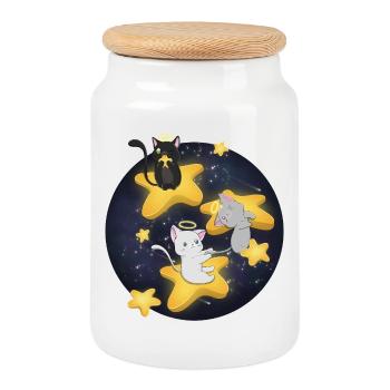 Kawaii Space Cats Sitting Stars Shirt - Keksdose mit Holzdeckel - Weiß - Vorne