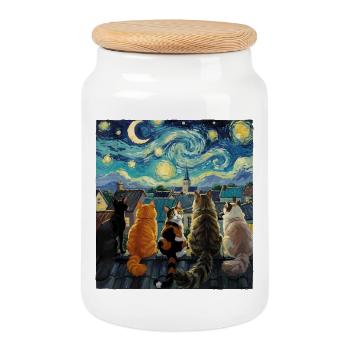 Cat Symphony Over Starry Rooftops - Cookie Jar with Wooden Lid - white - Front