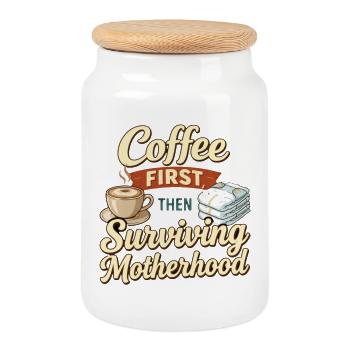 Coffee First Then Surviving Motherhood Humor - Cookie Jar with Wooden Lid - white - Front