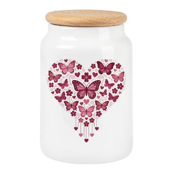 Coeur papillon floraison rose - Boîte à biscuits avec couvercle en bois - blanc - Devant