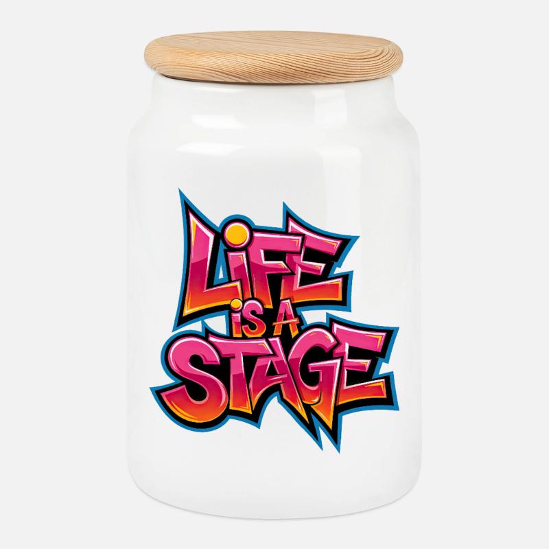 Life is a Stage Graffiti - Cookie Jar with Wooden Lid - white