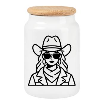 cowboy girl - Cookie Jar with Wooden Lid - white - Front