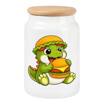 Mignon dessin animé T-Rex, Dino Burger, Reptile de restauration rapide - Boîte à biscuits avec couvercle en bois - blanc - Devant