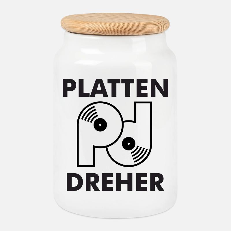Plattendreher Logo mit Schriftzug - Keksdose mit Holzdeckel - Weiß