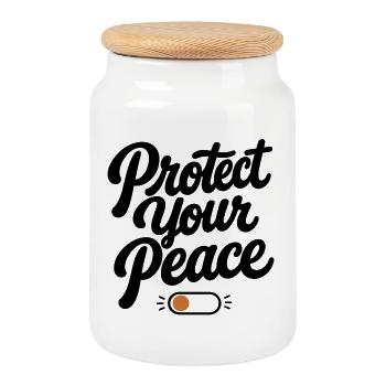 Protège ta paix | Typographie rétro minimale - Boîte à biscuits avec couvercle en bois - blanc - Devant