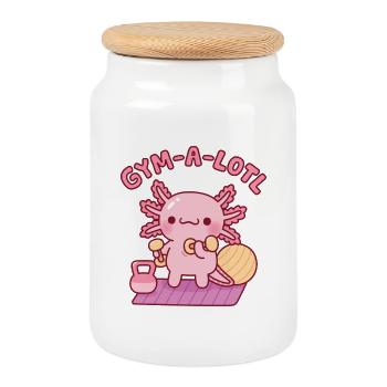 Cute Gym-A-Lotl Axolotl Funny Fitness Pun - Cookie Jar with Wooden Lid - white - Front