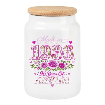 Woman's 90th Birthday Gift - 1936 Floral Birthday - Cookie Jar with Wooden Lid - white - Front