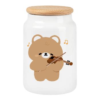 Bear Violinist Charm - Cookie Jar with Wooden Lid - white - Front