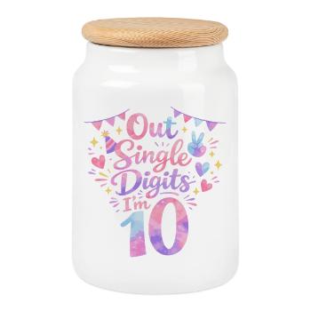 10 Year Old Birthday Girl - Cookie Jar with Wooden Lid - white - Front