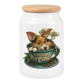 Pup Cuddle in Coffee Cup - Cookie Jar with Wooden Lid - white - Front