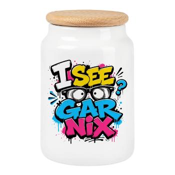 I See Gar Nix – Cheeky graffiti design with suns - Cookie Jar with Wooden Lid - white - Front
