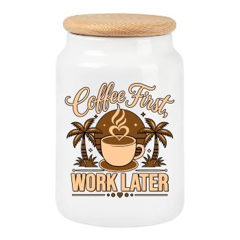 Erst Kaffee, Arbeit später – angetrieben von Koffein - Keksdose mit Holzdeckel - Weiß - Vorne