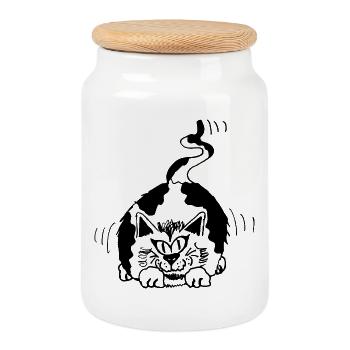 chat drôle tacheté noir et blanc - Boîte à biscuits avec couvercle en bois - blanc - Devant