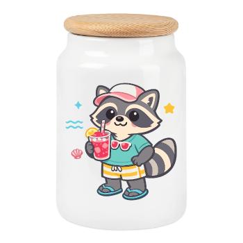 Raccoon on the beach with drink - Cookie Jar with Wooden Lid - white - Front
