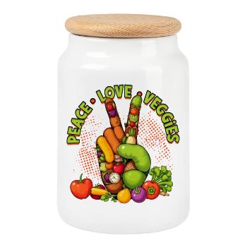 Peace Love Veggies Hand Graphic - Cookie Jar with Wooden Lid - white - Front