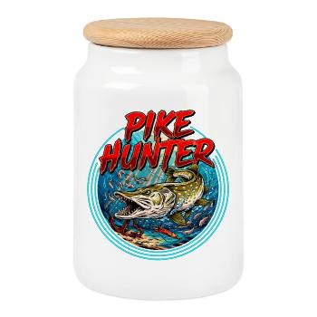 Pike Fishing Motif - Cookie Jar with Wooden Lid - white - Front