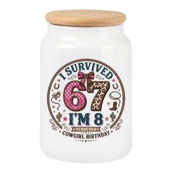 Anniversaire 8 Ans Fille Western Cowboy Cadeau - Boîte à biscuits avec couvercle en bois - blanc - Devant