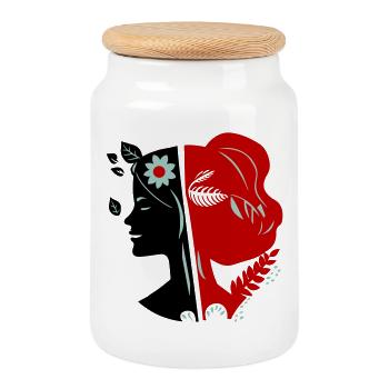 Woman's face - Cookie Jar with Wooden Lid - white - Front