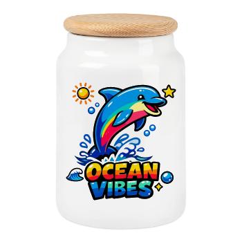Dolphin Splash Ocean Vibes - Boîte à biscuits avec couvercle en bois - blanc - Devant