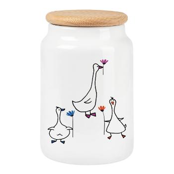 Oies avec des fleurs - Boîte à biscuits avec couvercle en bois - blanc - Devant