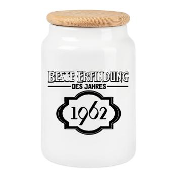 Beste Erfindung des Jahres 1962 Geschenk - Keksdose mit Holzdeckel - Weiß - Vorne