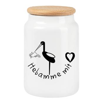 Hebamme mit Herz Storch - Keksdose mit Holzdeckel - Weiß - Vorne
