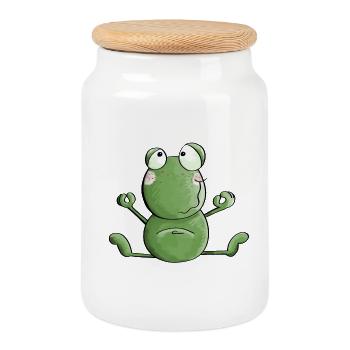 Frog makes yoga - frogs - meditation - toad - Cookie Jar with Wooden Lid - white - Front