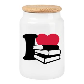 I love books - J'aime les livres - Boîte à biscuits avec couvercle en bois - blanc - Devant