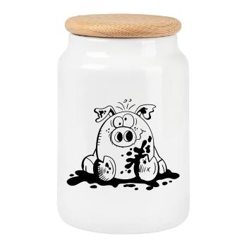 Pig in the mud - Pigs - Cartoon - Gift - Cookie Jar with Wooden Lid - white - Front