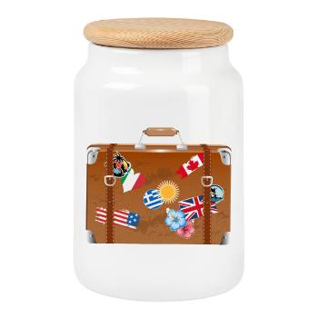 old travel suitcase with stickers from various countries - Cookie Jar with Wooden Lid - white - Front