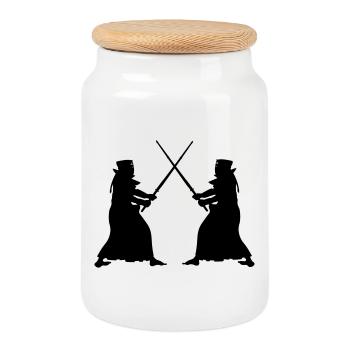 Kendo deux Kendoka en mode combat figures d’ombre - Boîte à biscuits avec couvercle en bois - blanc - Devant