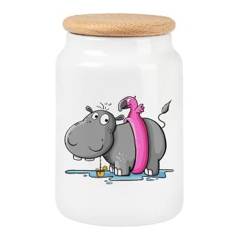 Hippo en vacances I Bande dessinée sur la faune - Boîte à biscuits avec couvercle en bois - blanc - Devant