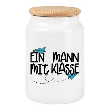 Ein Mann mit Klasse - (schwarz) - Keksdose mit Holzdeckel - Weiß - Vorne